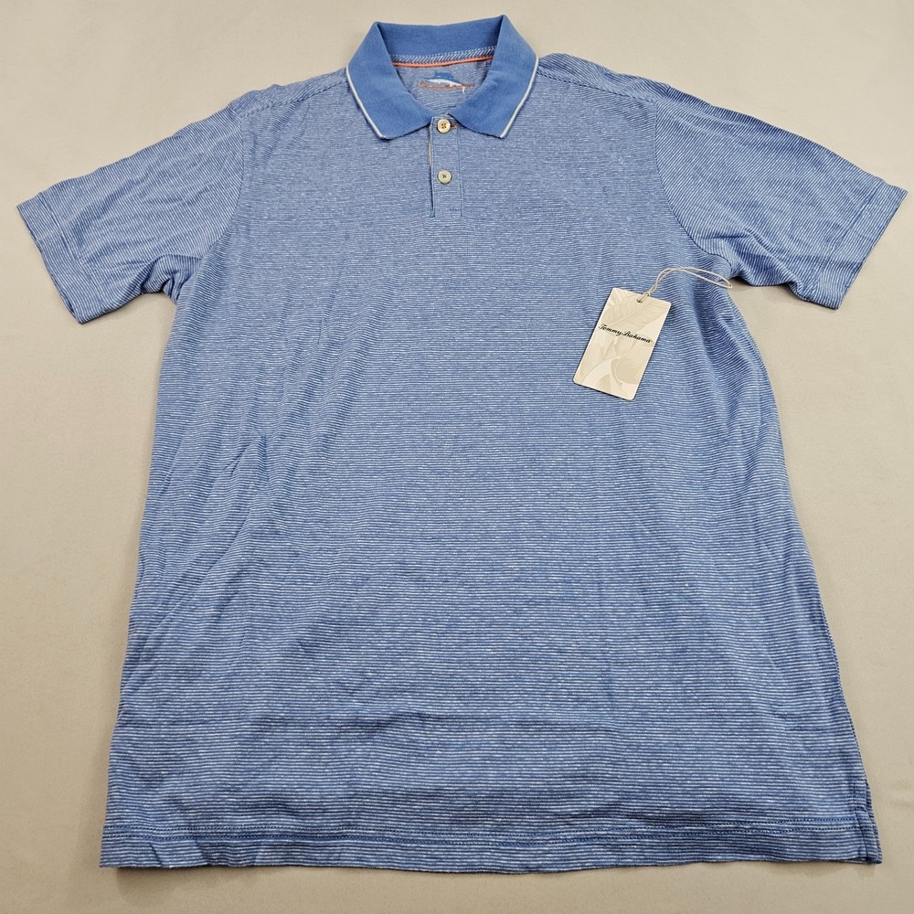 Tommy Bahama Mens Polo Shirt Size M Blue Cotton Linen Stripe Short Sleeve
